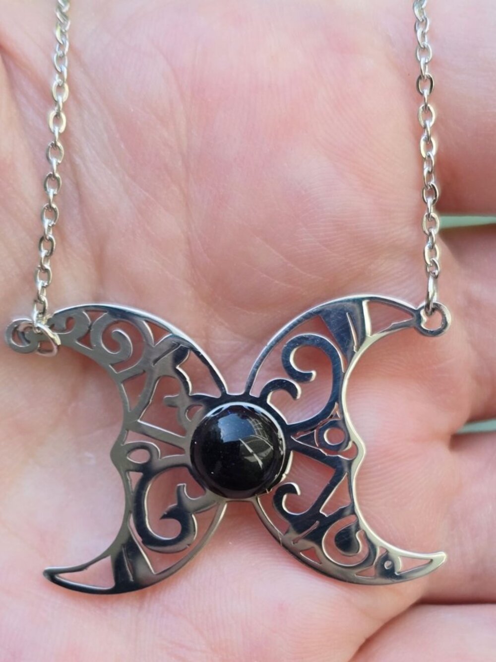 Crescent Moon ✦ Hematite Filigree Pendant ✦ Gothic Celestial Alt Necklace NWT - Picture 3 of 6